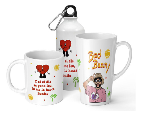 Set De Taza + Botella + Taza Conica Bad Bunny De Regalo