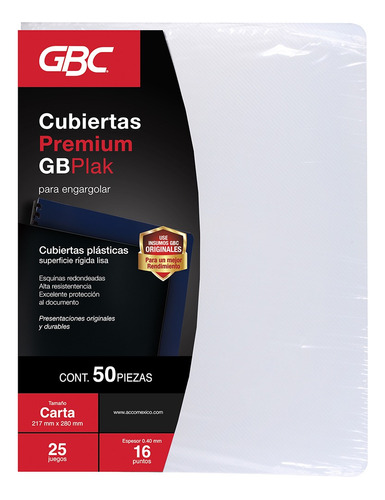 Cubierta Para Engargolar Gbc Premium Liso Transparente-50 Pz