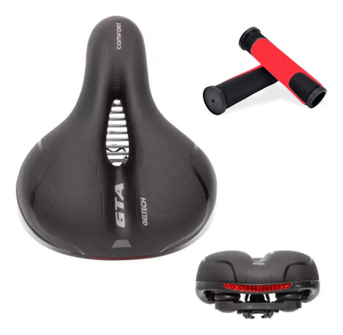 Banco Selim Gel Refletor Gta Bicicleta Aro 26 29 + Manoplas Comprimento 25 Cm Cor Luva Preto Com Vermelho Largura 22 Cm