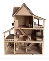 Comprar Casa Casita De Muñecas Mdf 3 Pisos Con Muebles Desarmada