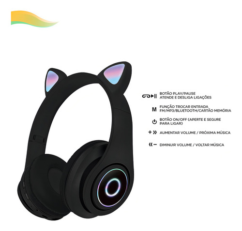 Fone de ouvido gatinho sem fio Catear D47 preto com luz rgb LED