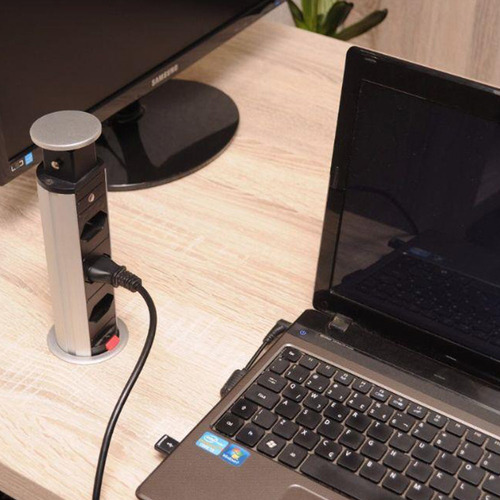 Torre De Tomada Retrátil Multiplug Embutir Mesa Granito Inox Cor Cinza
