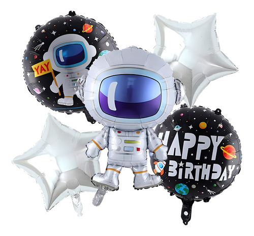 Kit 5 Balão Metalizado Astronauta Estrela Festa Decoração Cor Prata