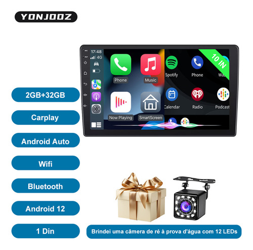 Central Multimidia Universal Tela Touch De 10 Polegadas 1 Din Android 12 2gb+32gb Bluetooth Gps Carplay Sem Fio Com Câmera Ré 12 Leds Yonjooz