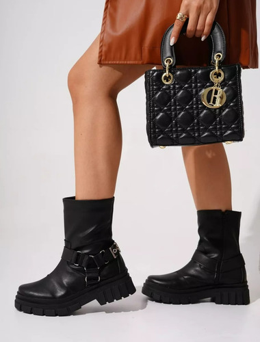Botas Mujer Negras Botinetas De Dama Cuero Estribos Hebilla