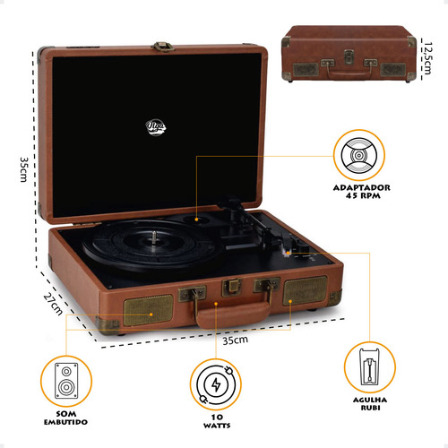 Vitrola Retro Maleta Toca Discos Vinil Caixa De Som Embutida 10w Bluetooth Com Agulha Rubi Extra