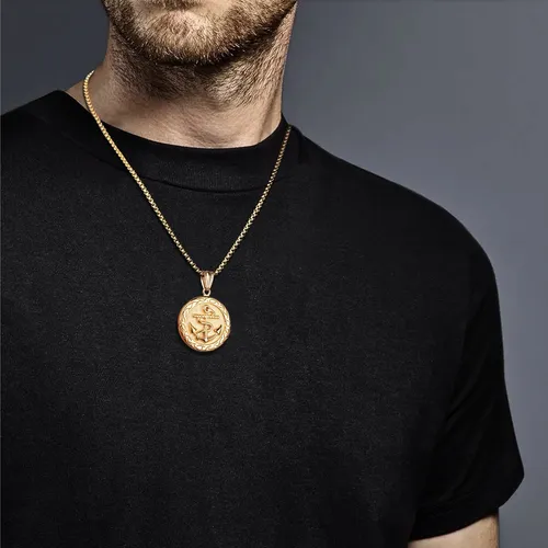 Collar Ancla Militar Marin Color Oro Acero Inoxidable Hombre