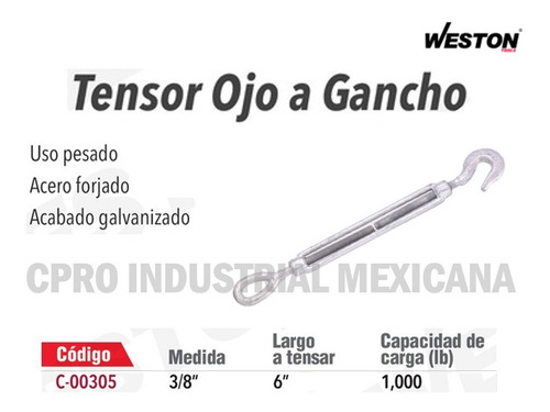 Tensor Ojo A Gancho 3/8´´ Largo A Tensar 6´´ Cap. 1000 Lb