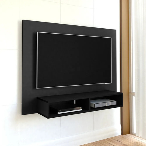 Mueble De Tv Panel Flotante Negro Con Repisa Negro
