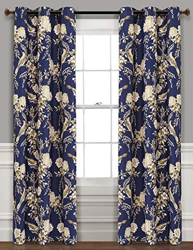 Cortinas Opacas Con Aislamiento De Pájaros Y Flores, Azul Y