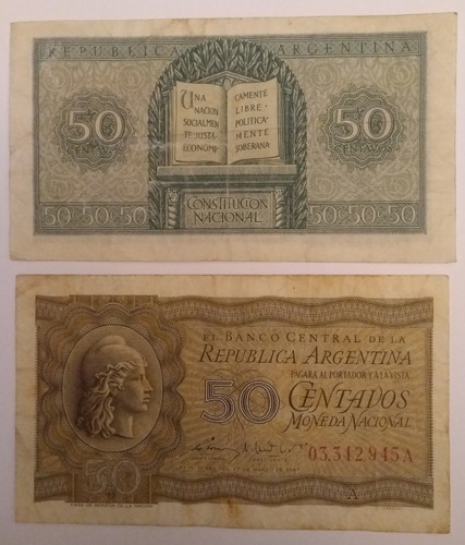 Billetes (4): Argentina 50 Centavos Mn 1950 Serie A Y B 