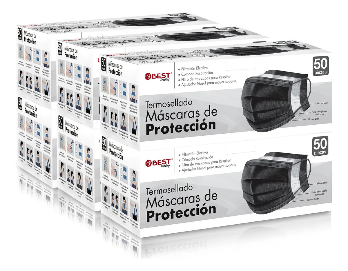 Best Trading 300 Cubrebocas Tricapa Negro, Termosellados, Desechable, Mascarillas Con Ajustador Nasal, Tapabocas Resistentes Y Transpirables