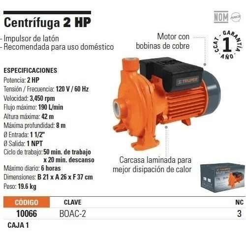 Bomba Eléctrica Para Agua Centrífuga 2 Hp 120v 10066 Truper
