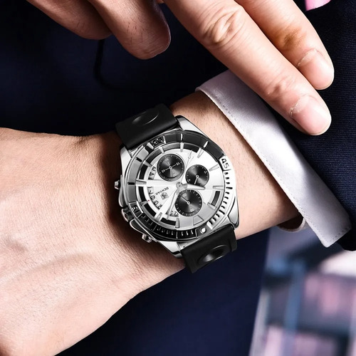 Reloj Benyar Para Hombre, Con Malla De Silicona, Cronógrafo Correa Negro Bisel Plateado Fondo Blanco