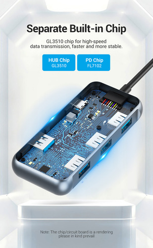 Hub USB Multipuerto Vention - 5 en 1 - Usb C + 4 Puertos Usb 3.0 + Power delivery USB C 87W - 5Gbps - OTG - Carcasa Aluminio - 15 CM - Premium Para Teclado / Disco rigido / Mac / Laptop - TFDHB