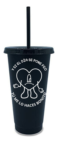 Vaso Con Popote 20 Pzas Reusable Bad Bunny Corazón 16oz