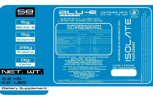 Proteína Whey Hidrolizada Isolate Blu-e 2.2kg Varios Sabores Vainilla