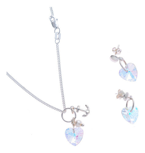 Conjunto Collar Grumet Pendientes Swarovski Corazón Plata 