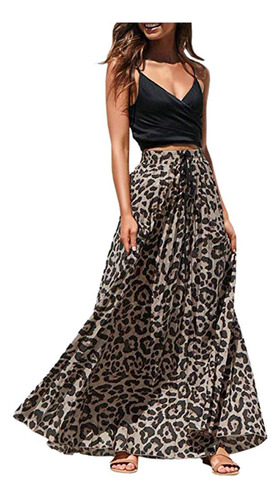 Falda Larga Negra Para Mujer Petite Estampado Leopardo Alto