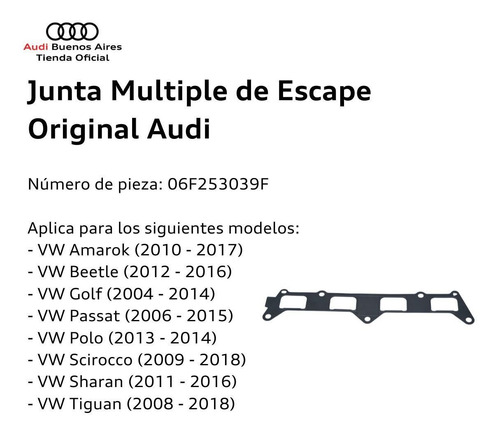 Imagen 3 de 6 de Junta Multiple De Escape Original Audi 06f-253-039-f
