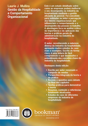 Gestão da Hospitalidade e Comportamento Organizacional, de Mullins, Laurie J.. Editorial Bookman Companhia Editora Ltda., capa mole em português, 2004
