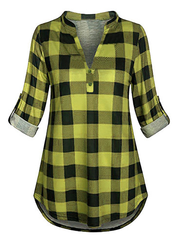 Blusa De Manga Larga A Cuadros Camisa Mujer 9001