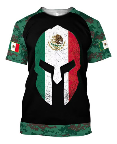 Camiseta De Manga Corta Estampado Esparta Bandera Mexicana