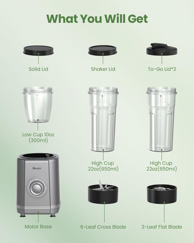 Licuadora Vewior 1200 W Para Batidos Y Batidos, 650 Ml, 2 Ta