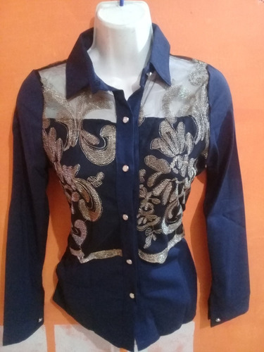 Blusa Manga Larga Azul Marino Adorno Tejido Moda Asiática