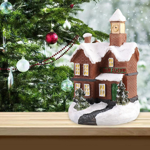 2pcs Lighted House Statue Ornament Light Village Set