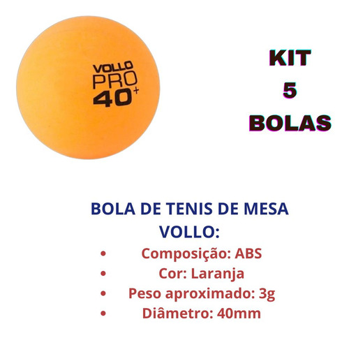 5 Bolinhas Ping Pong Treino De Tenis De Mesa Vollo 40mm