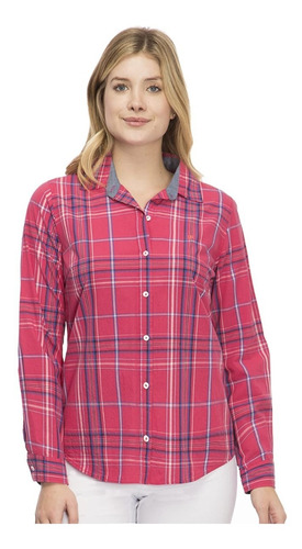 Izod Camisa Con Botones Para Mujer A Rayas Fucsia