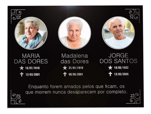 Placa De Túmulo 3 Pessoas Com Foto Redonda 40x30 Acm Preta