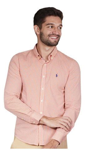 Camisa Ralph Lauren Masculina Custom Fit Navy Logo Laranja