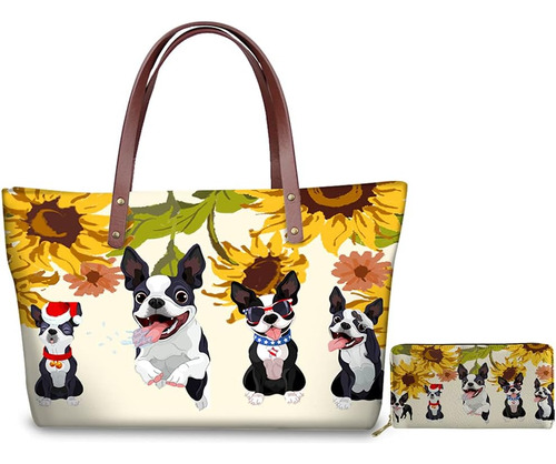 Jeocody Girasol Boston Terrier Estampado Cartera Larga De Cu