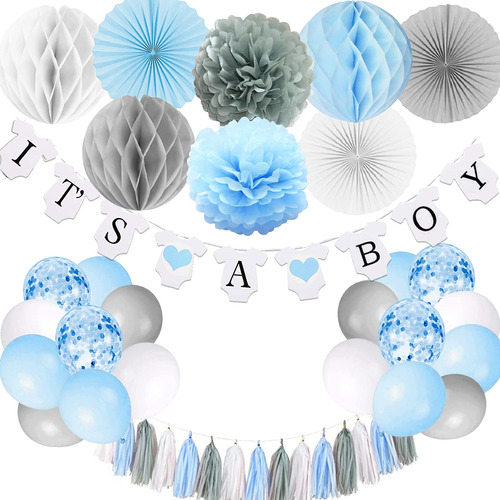 Decoraciones De Baby Shower Para Nio, Pancarta Con Pompones