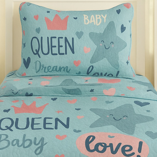 Kit Colcha Cobre Leito Infantil Menino Menina Solteiro 2 Pçs Cor Azul-aço Love