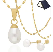 Comprar Dije Collar Gargantilla Mujer Perla Oro 10k + Broqueles Aretes Perlas Oro 10k Mujer Dama Niña Joyería Fina Oro Puro 10k Perforación Piercing Perlas Cultivadas Oro Puro 10 Kilates Regalo Mujer Novia