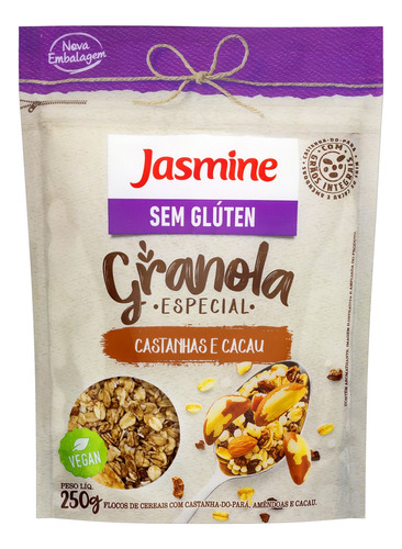 Granola Jasmine Organico Especial castanhas e cacau sem glúten em pouch 250 g