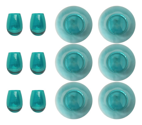 6 Vasos Gourmet + 6 Platos Playos Gema Color Traslucido 