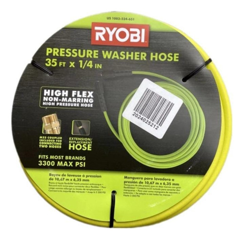 Manguera Ryobi Para Hidrolavadora 10.6m 3300psi M22 1/4diame Verde Lima