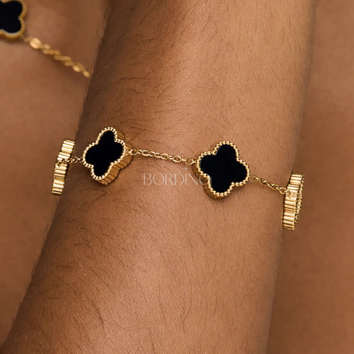 Pulseira 5 Trevos De 4 Folhas 18cm + 5 Extensor Prova D'água Preto 18 Cm