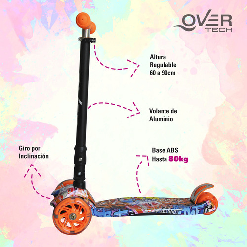Imagen 4 de 8 de Monopatin Overtech Maxi-891 plegable niños 4 ruedas led reforzado 80kg