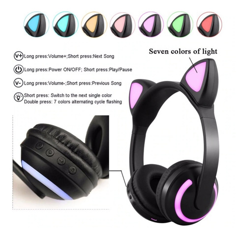 Headphone Orelha De Gato Com Led Bluetooth 5.0 Ear Cat Azul