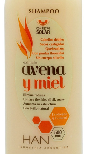 Imagen 6 de 9 de Shampoo Han Avena Y Miel 500ml Apto Método Curly