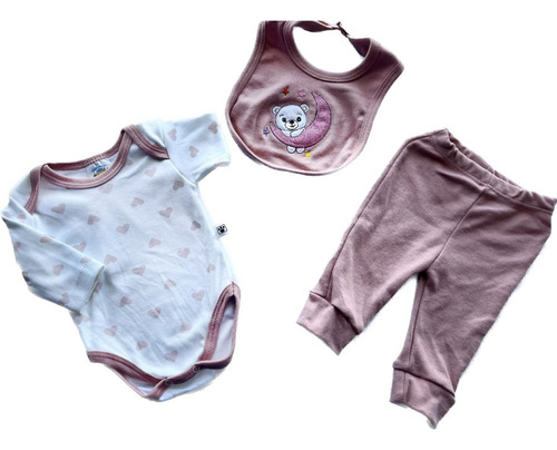 Set Bebé Osita Rosa: Pantalón, Mameluco Y Babero 12 Meses