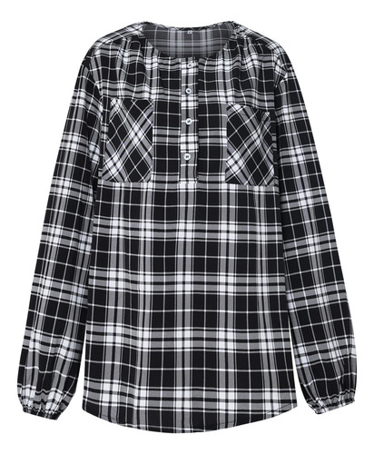 Camisa De Cuello Redondo A Cuadros De Moda Para Mujer