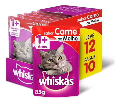 Caixa Com 12 Whiskas Sachê Gatos Sabor Carne Ao Molho 85g