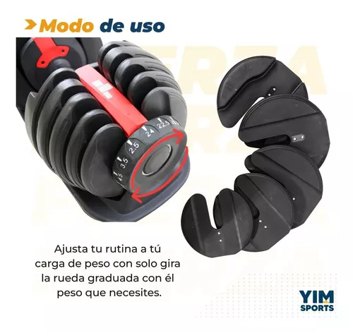 Kit de mancuernas ajustables, Peso de 2.5 a 24 kg, Multifuncional, Ergonómica, Soporte incluido, Acero, Zeus