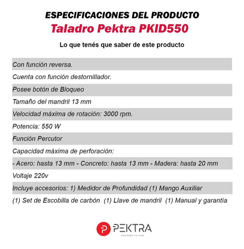 Imagen 8 de 10 de Combo Taladro Percutor Pektra 550w + Amoladora 750w Kit